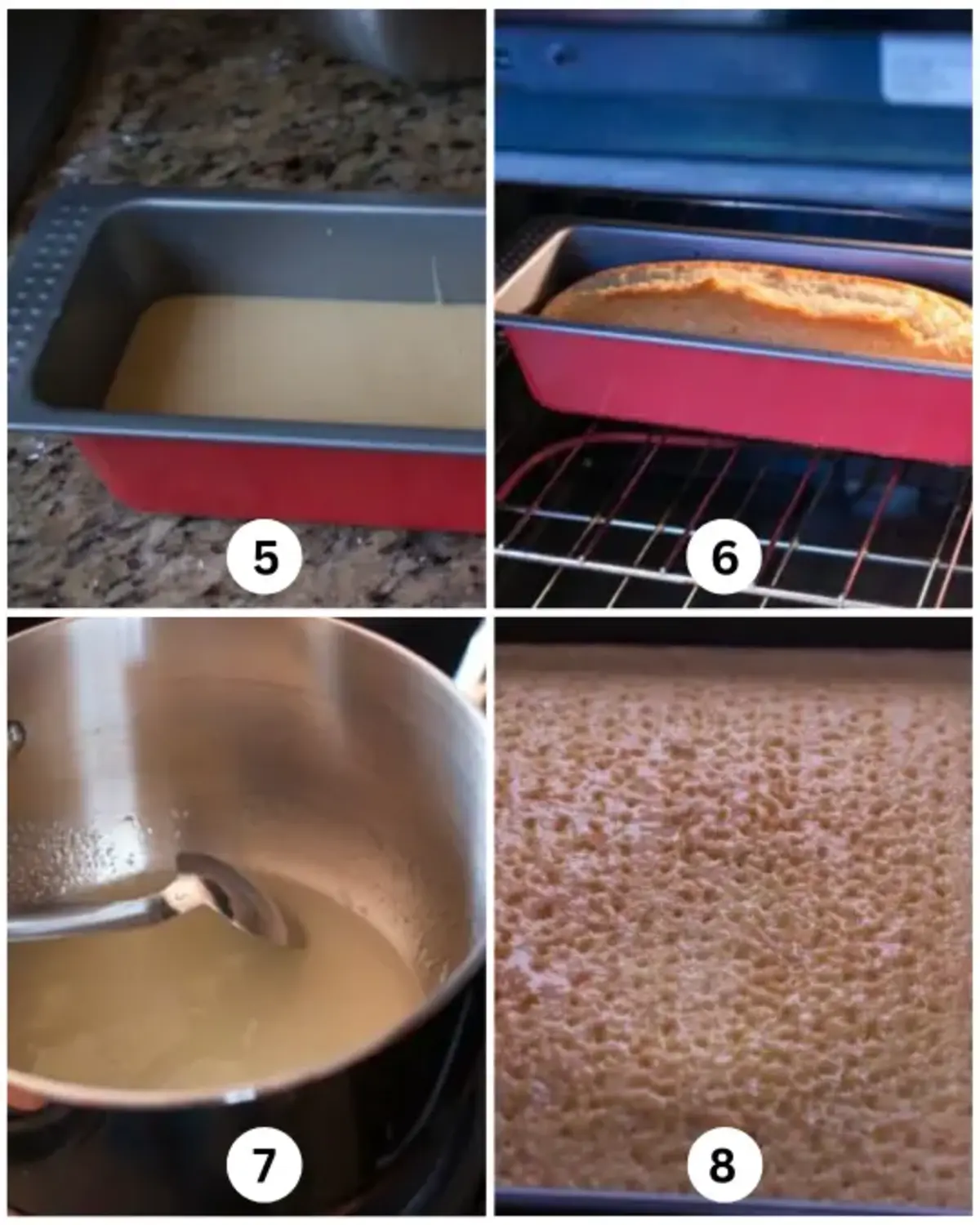 Proceeding steps:Pouring batter into pan, baking in oven, preparing lemon syrup, and cooling the cake.