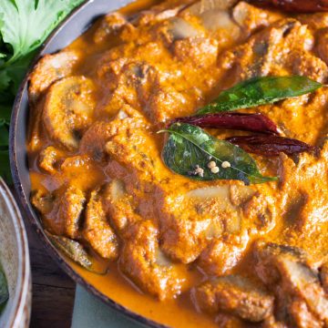 Mushroom cooked in spicy coconut gravy. An improvised version of Kerala theeyal preparation with mushrooms. This quick, delicious curry goes well with rice, chapati, and any Indian breads.