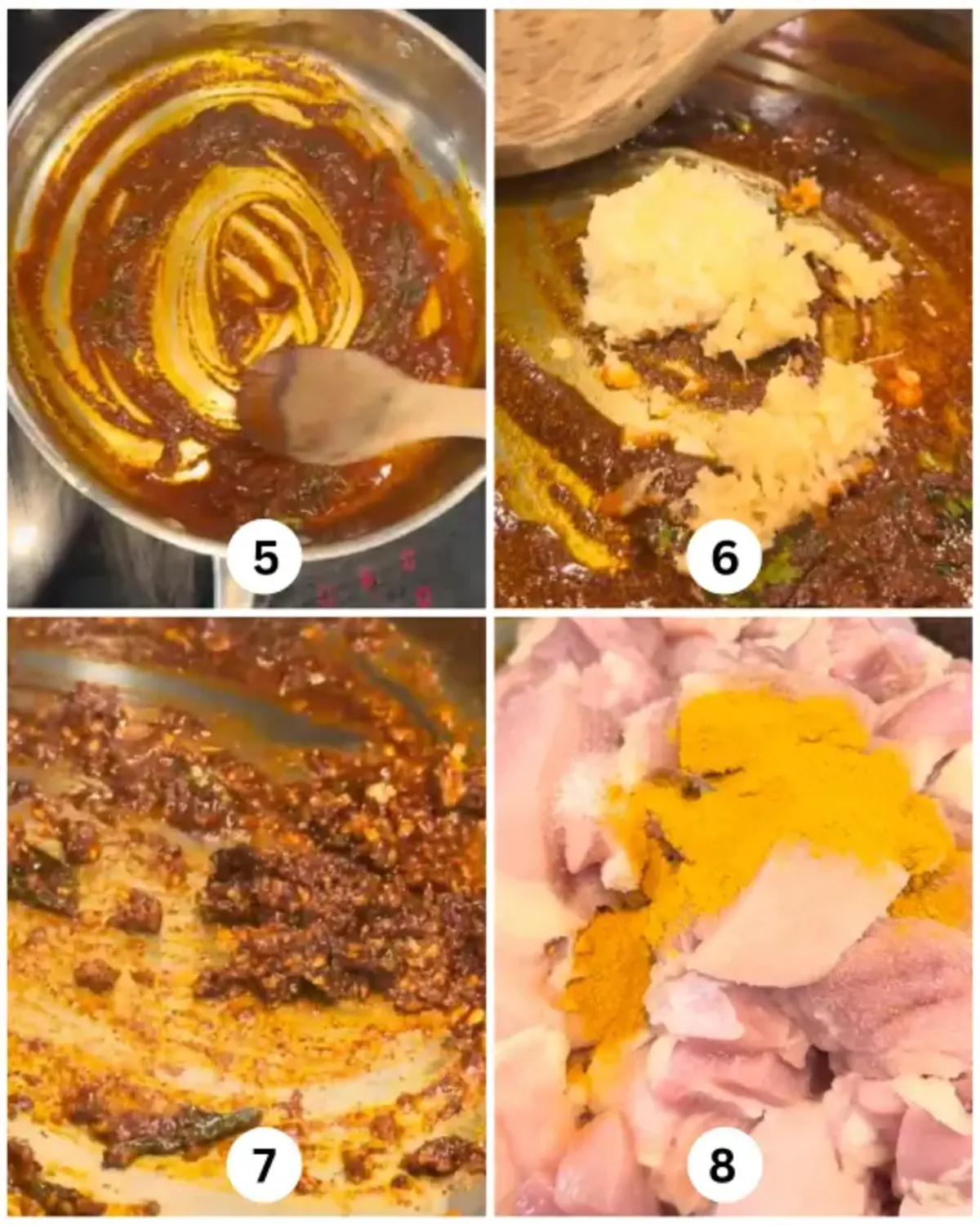 Proceeding steps: Roasting Kashmiri chili powder in oil, adding garlic and ginger, followed by chicken, turmeric, and salt.
