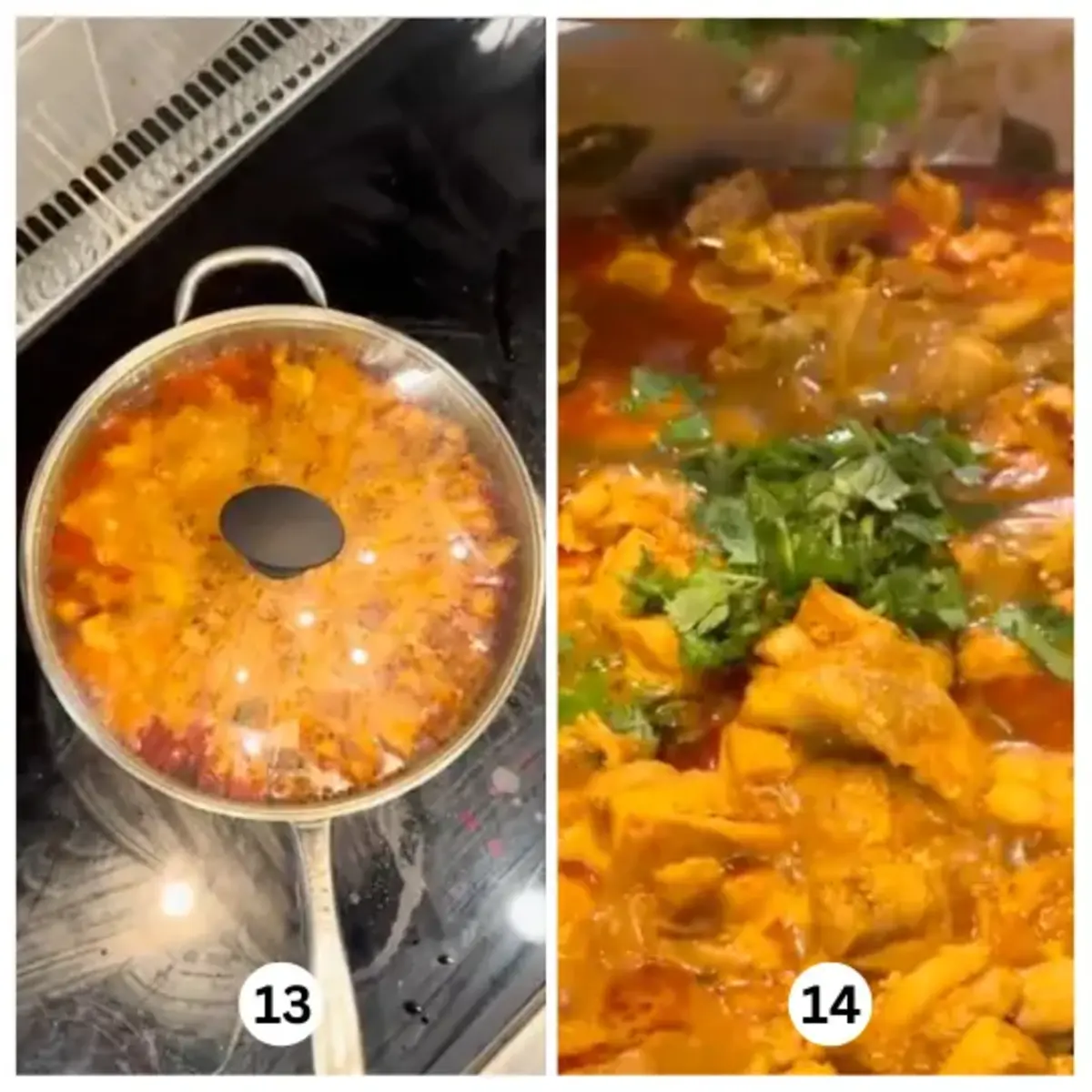 Final steps: Closing the lid and boiling, garnishing with chopped cilantro.