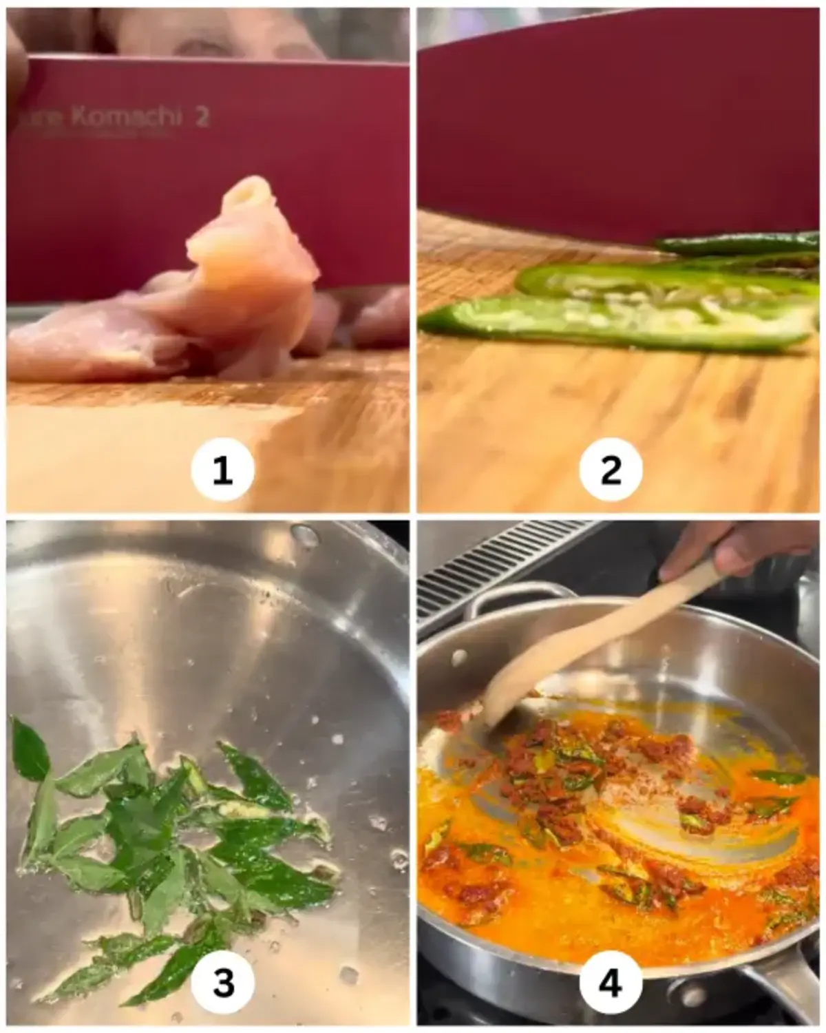 Initial recipe steps: Cutting chicken and green chillies, spluttering curry leaves and green chilies in hot oil.